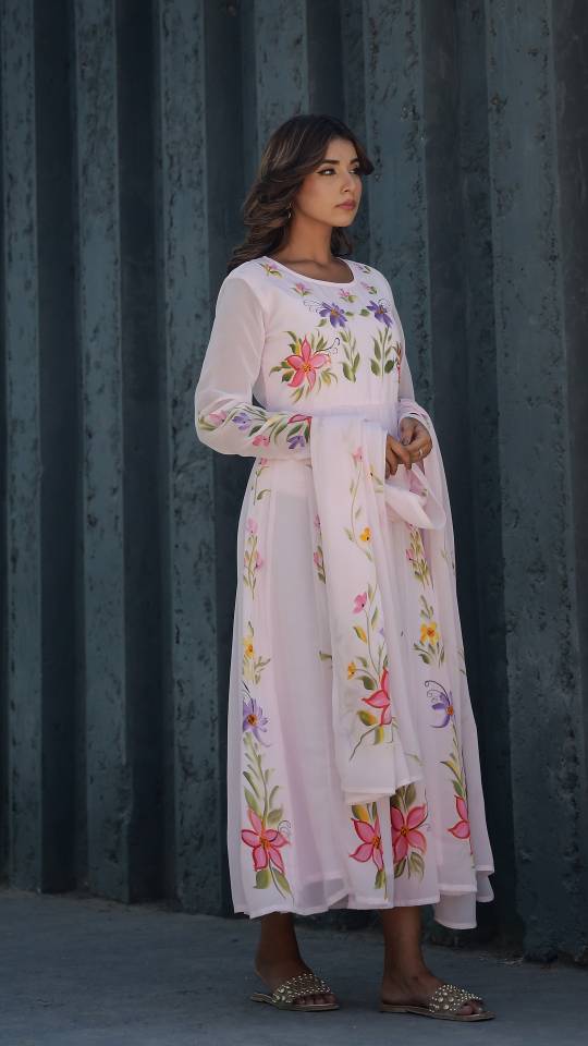 Georgette Anarkali Kurta & Dupatta Set with Brush Paintwork – Elegant Festive Wear | | Shop stylish women's clothing online at Label Flavia |