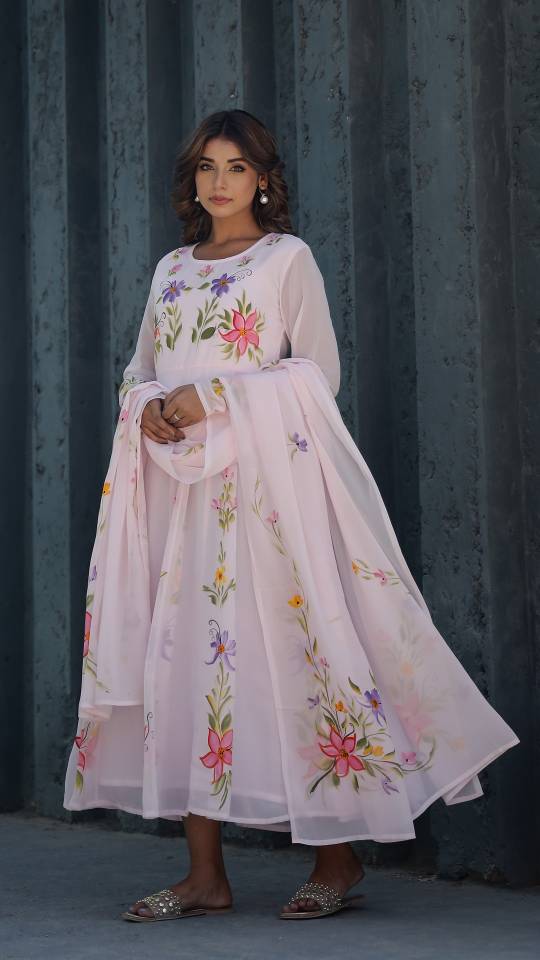 Georgette Anarkali Kurta & Dupatta Set with Brush Paintwork – Elegant Festive Wear | | Shop stylish women's clothing online at Label Flavia |