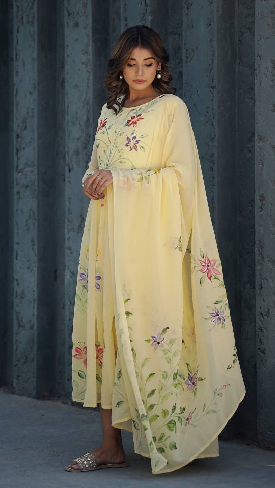Georgette Anarkali Kurta & Dupatta Set with Hand-Painted Brush Work – Elegant Festive Wear | | Shop stylish women's clothing online at Label Flavia |