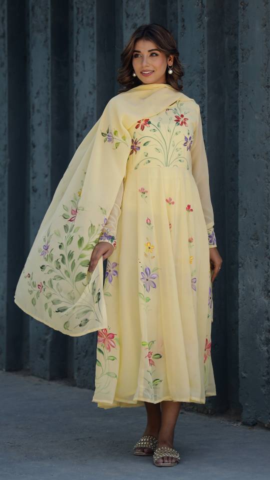 Georgette Anarkali Kurta & Dupatta Set with Hand-Painted Brush Work – Elegant Festive Wear | | Shop stylish women's clothing online at Label Flavia |