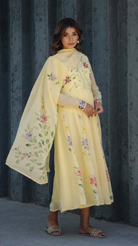 Georgette Anarkali Kurta & Dupatta Set with Hand-Painted Brush Work – Elegant Festive Wear | | Shop stylish women's clothing online at Label Flavia |