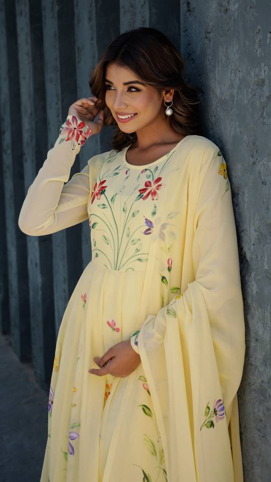 Georgette Anarkali Kurta & Dupatta Set with Hand-Painted Brush Work – Elegant Festive Wear | | Shop stylish women's clothing online at Label Flavia |