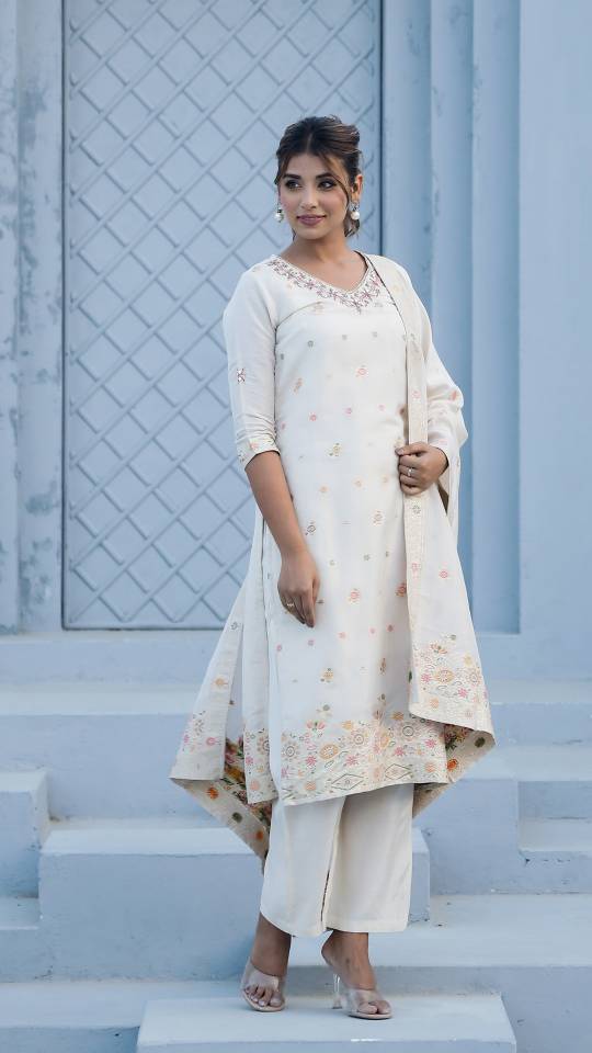 Cotton Jacquard Kurta Pant Dupatta Set for Women – Intricate Ada Work | Co-Ord Set | Shop stylish women's clothing online at Label Flavia |