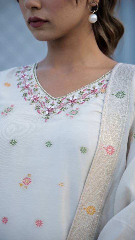 Cotton Jacquard Kurta Pant Dupatta Set for Women – Intricate Ada Work | Co-Ord Set | Shop stylish women's clothing online at Label Flavia |