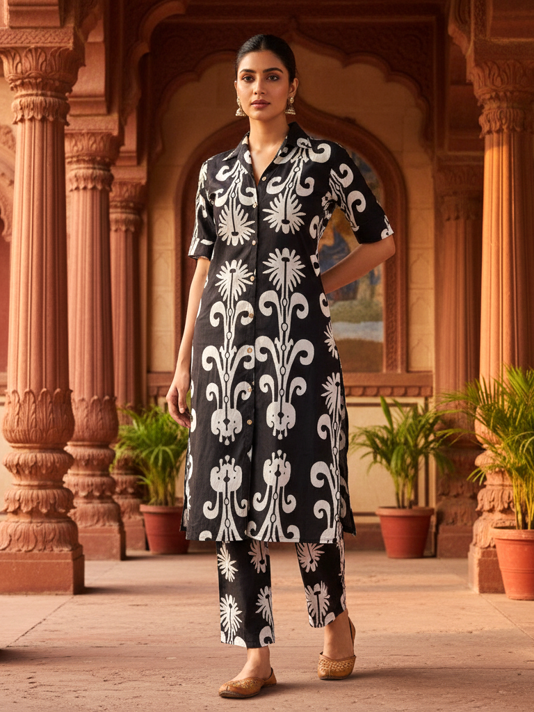 Black & White Floral Print Cotton Co-ord Set