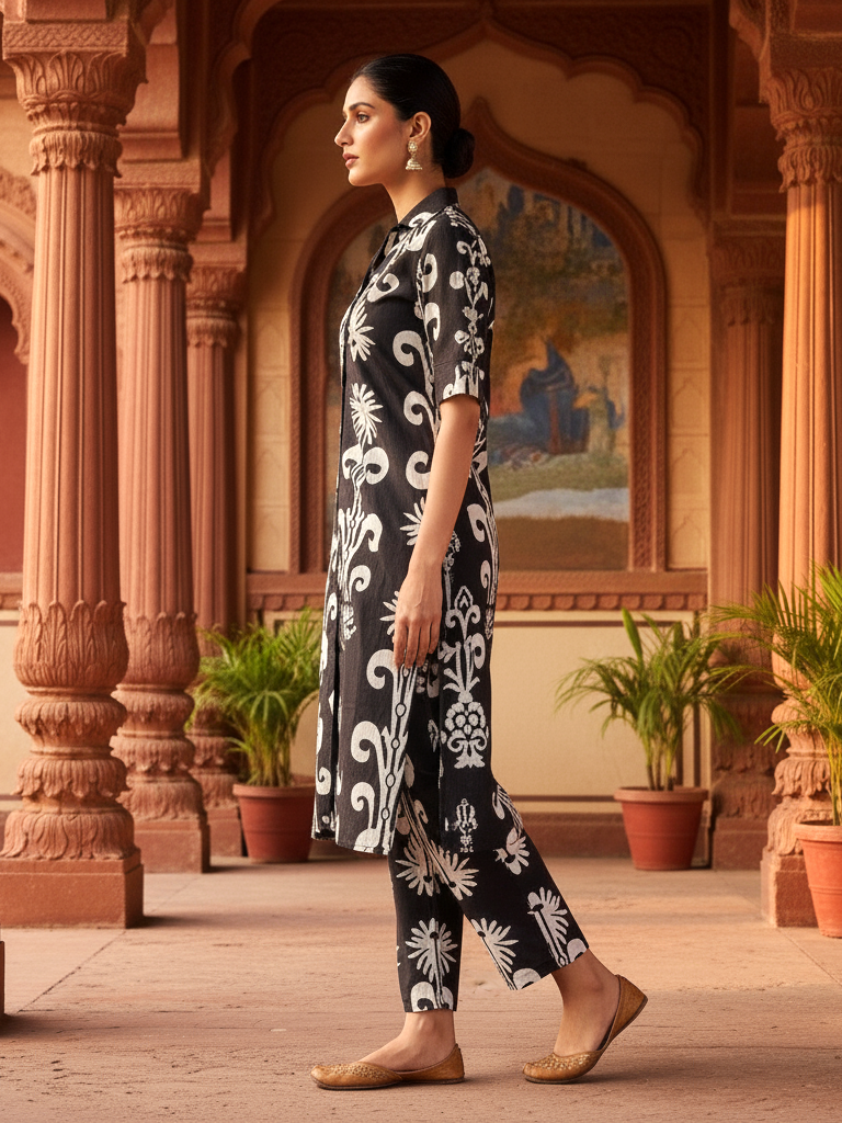 Black & White Floral Print Cotton Co-ord Set