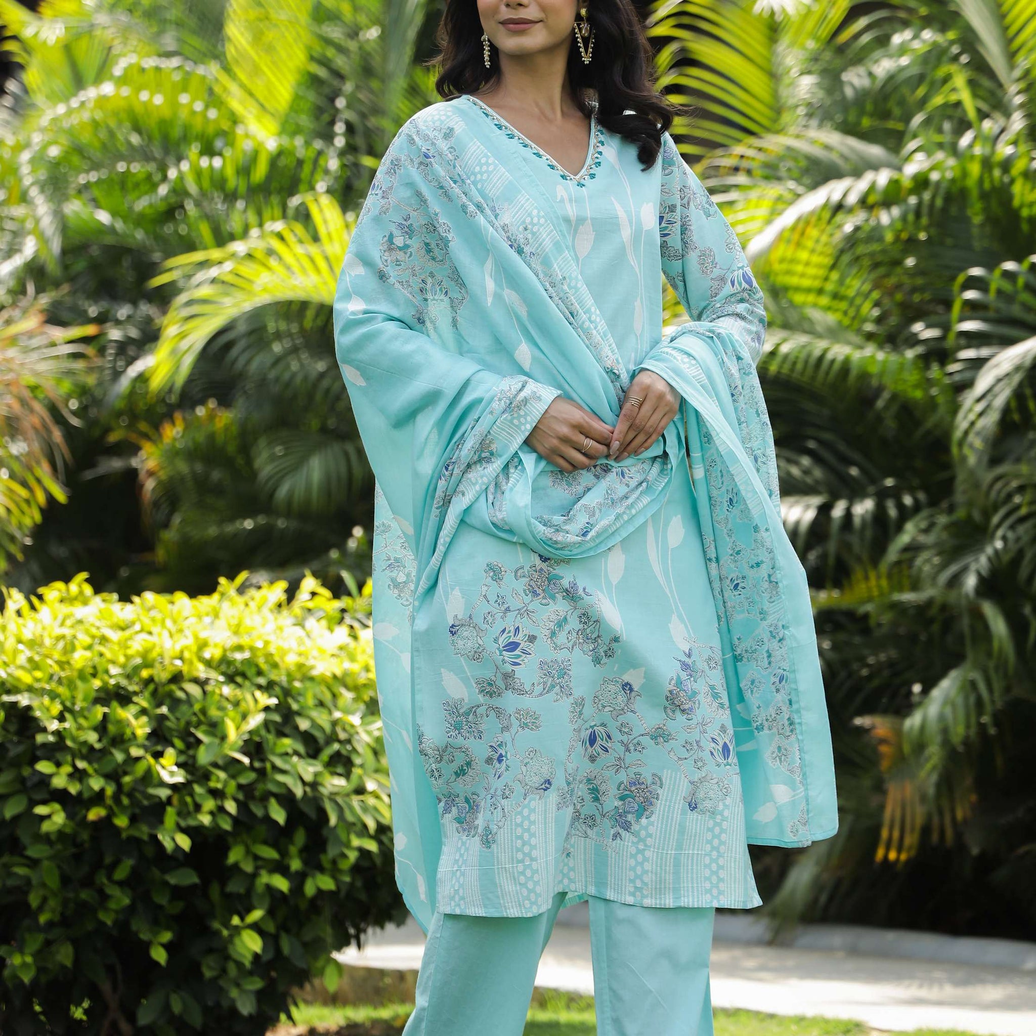 Serene Aqua Blue Floral Print Cotton Kurta Set with Dupatta  Export to Sheets