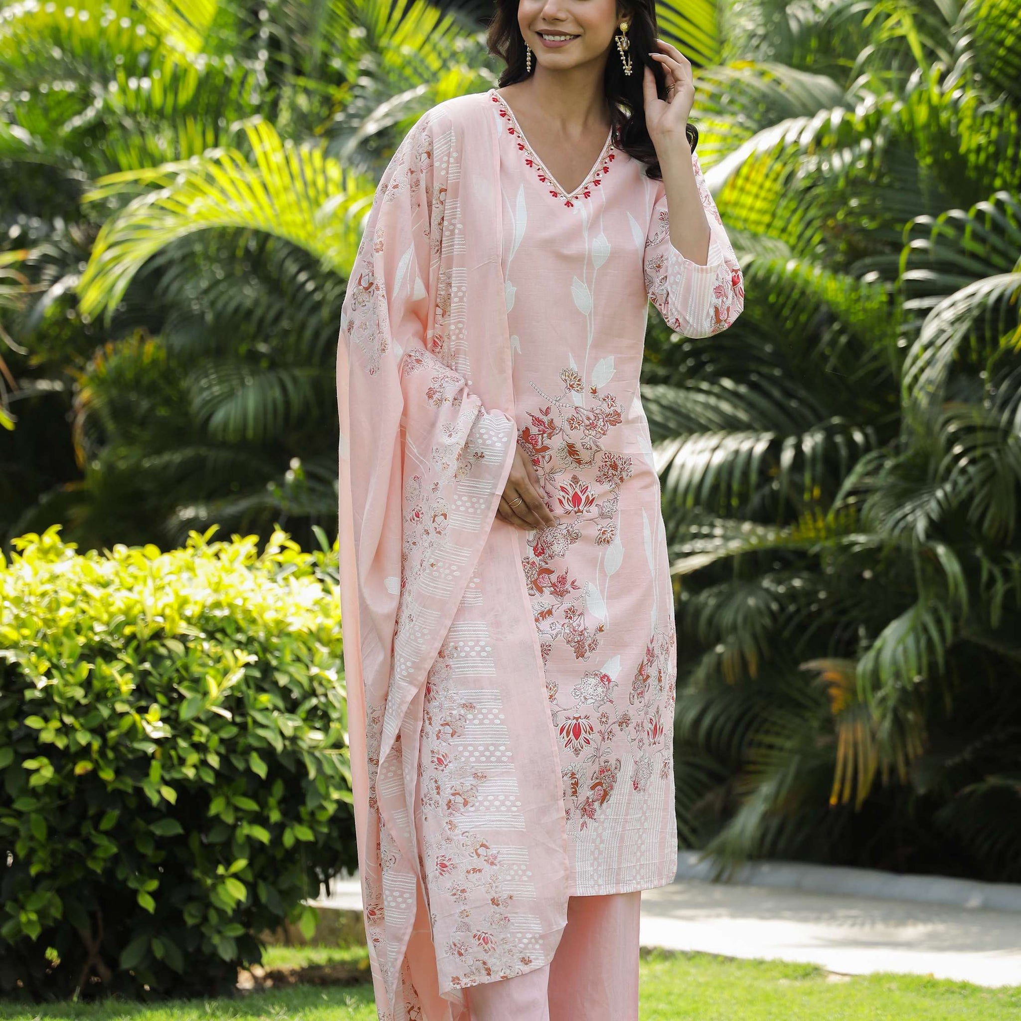 Pastel Pink Floral Print Cotton Kurta Set with Dupatta