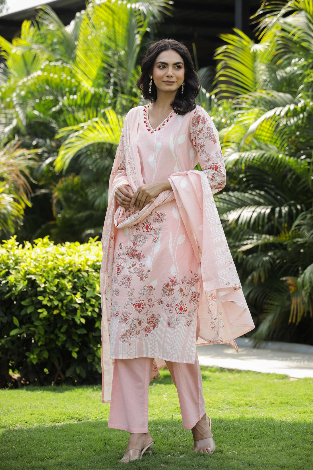 Pastel Pink Floral Print Cotton Kurta Set with Dupatta