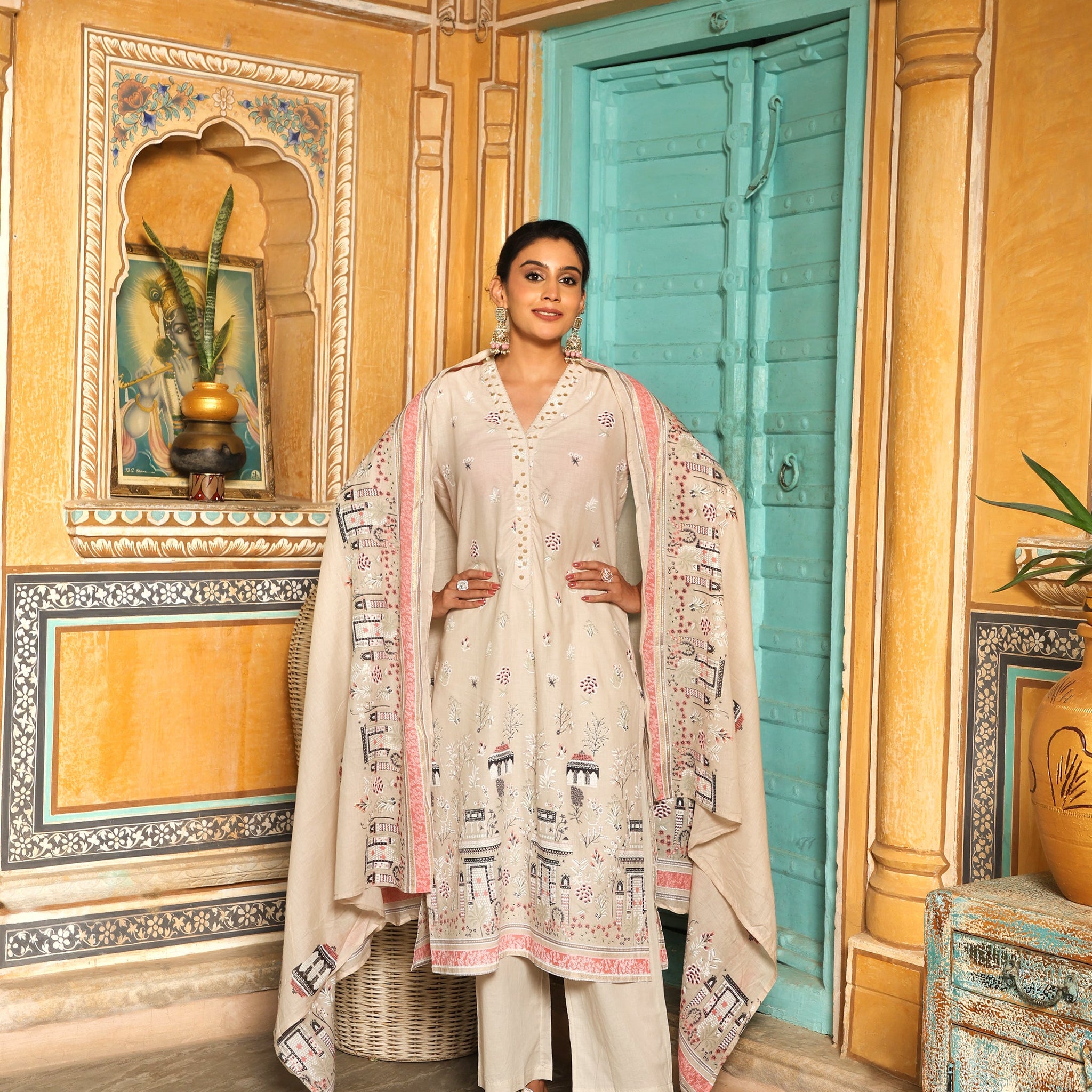 Ivory & Pink Heritage Print Cotton Suit Set with Dupatta  Export to Sheets