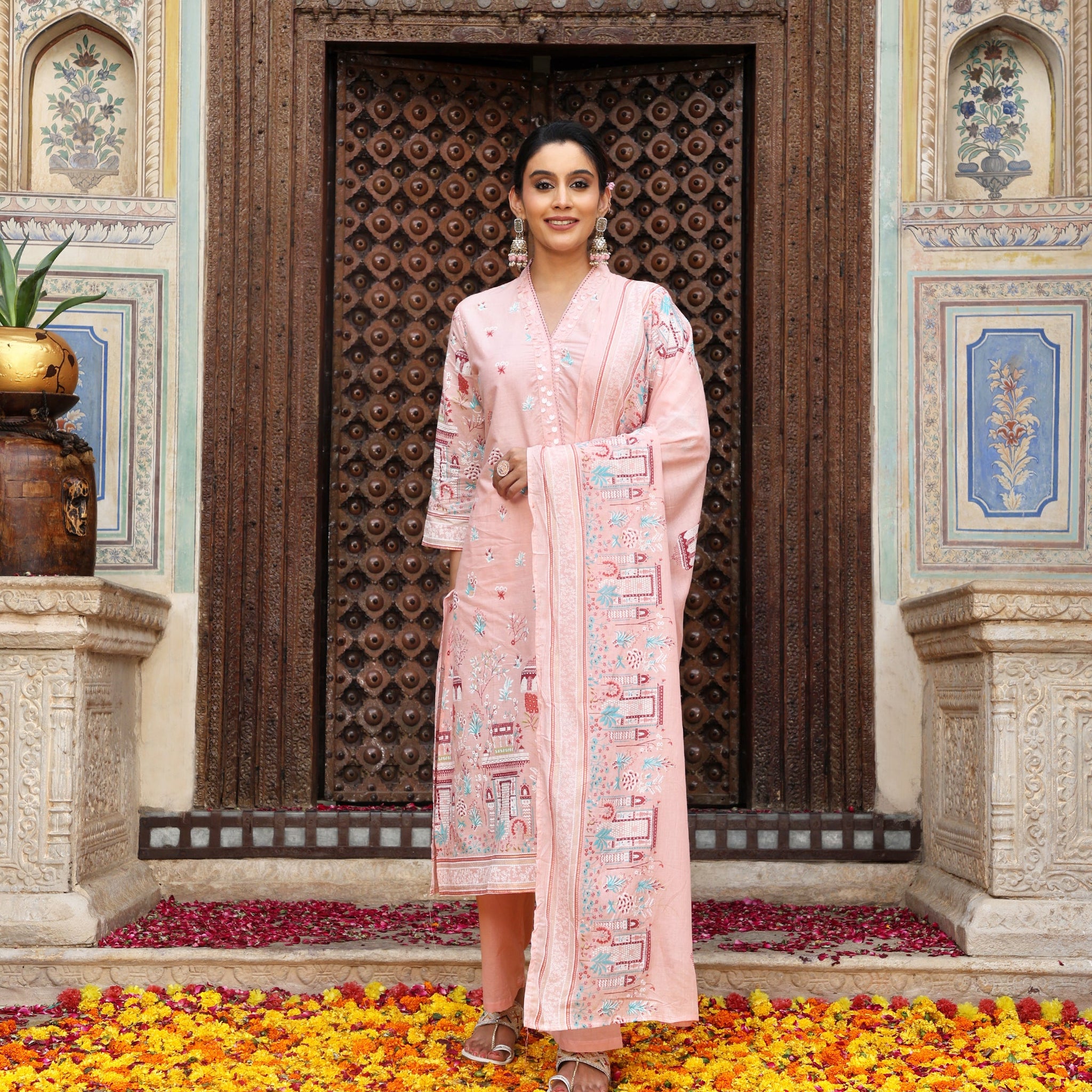 Pastel Pink Heritage Print Cotton Suit Set with Dupatta