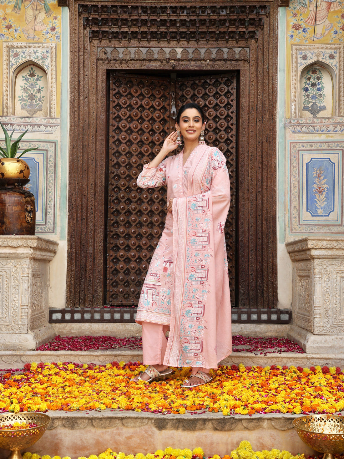 Pastel Pink Heritage Print Cotton Suit Set with Dupatta