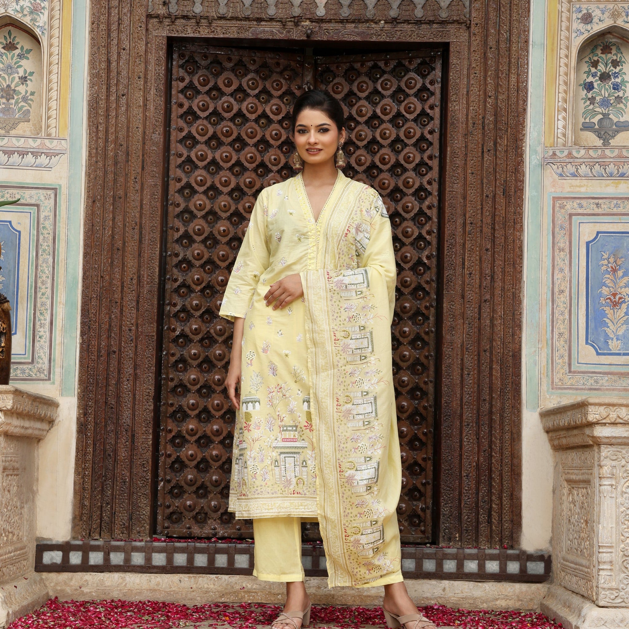 Lemon Yellow Heritage Print Cotton Suit Set with Dupatta
