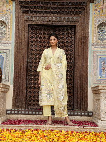 Lemon Yellow Heritage Print Cotton Suit Set with Dupatta
