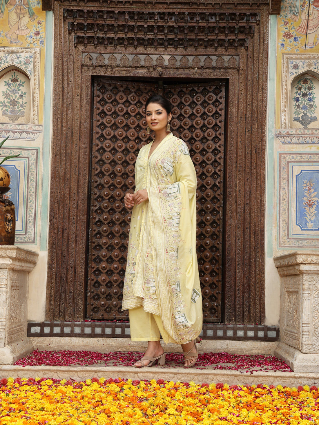 Lemon Yellow Heritage Print Cotton Suit Set with Dupatta