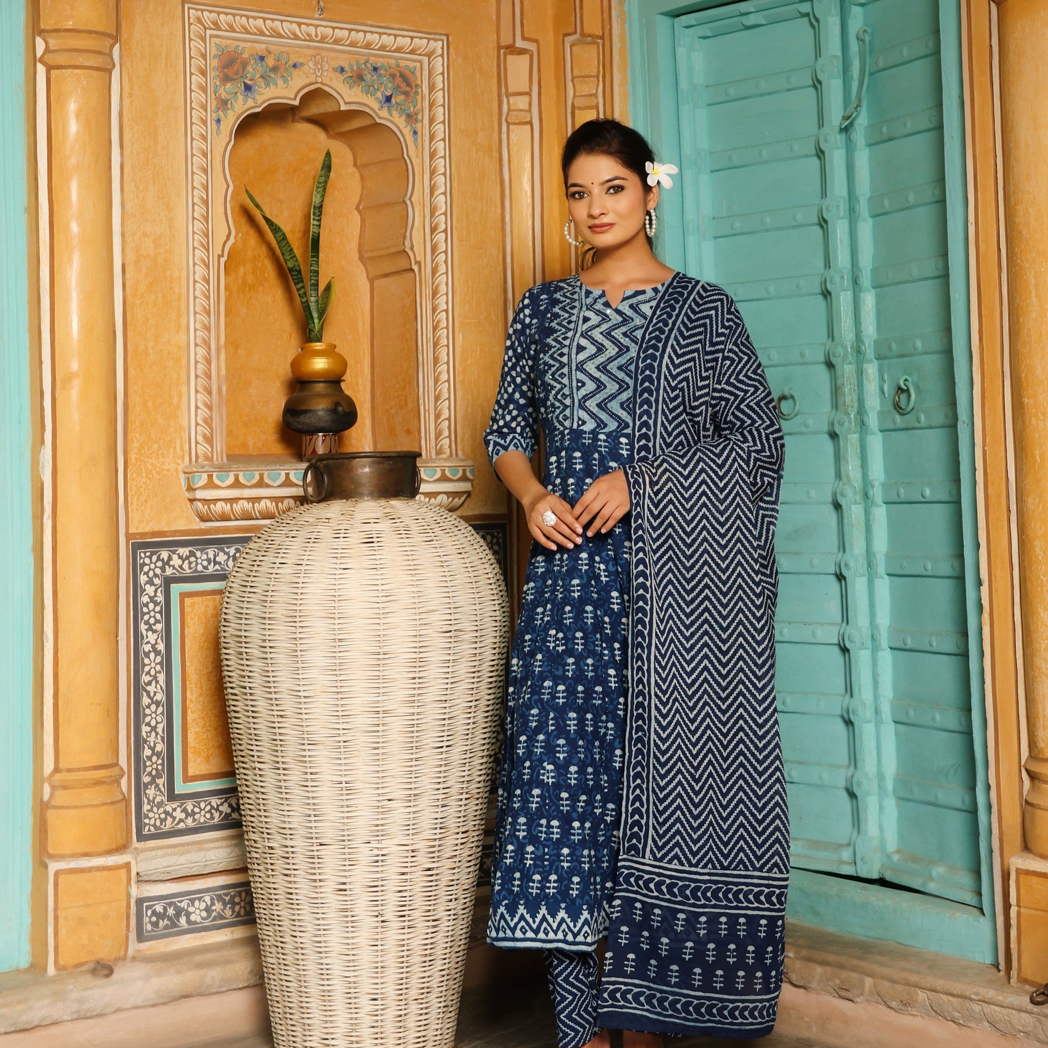 Deep Indigo Blue Geometric Print Cotton Anarkali Set  Export to Sheets