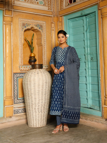 Deep Indigo Blue Geometric Print Cotton Anarkali Set  Export to Sheets