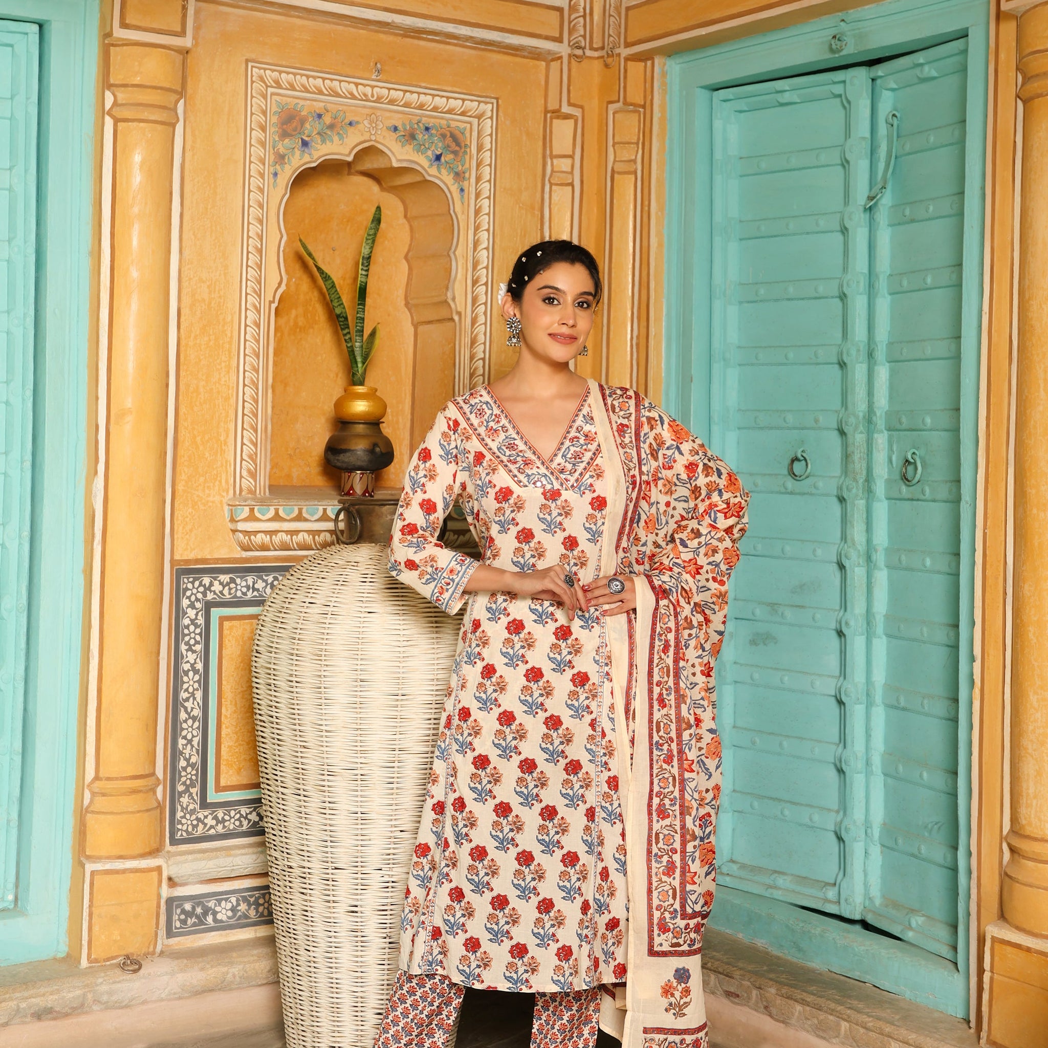 Off-White & Red Block Print Cotton Kurta Set with Dupatta  Export to Sheets