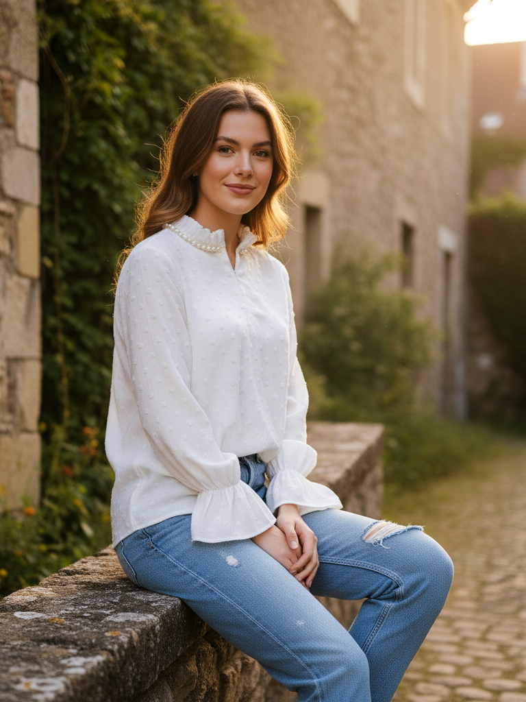 White Swiss Dot Chiffon Blouse with Pearl Collar Top