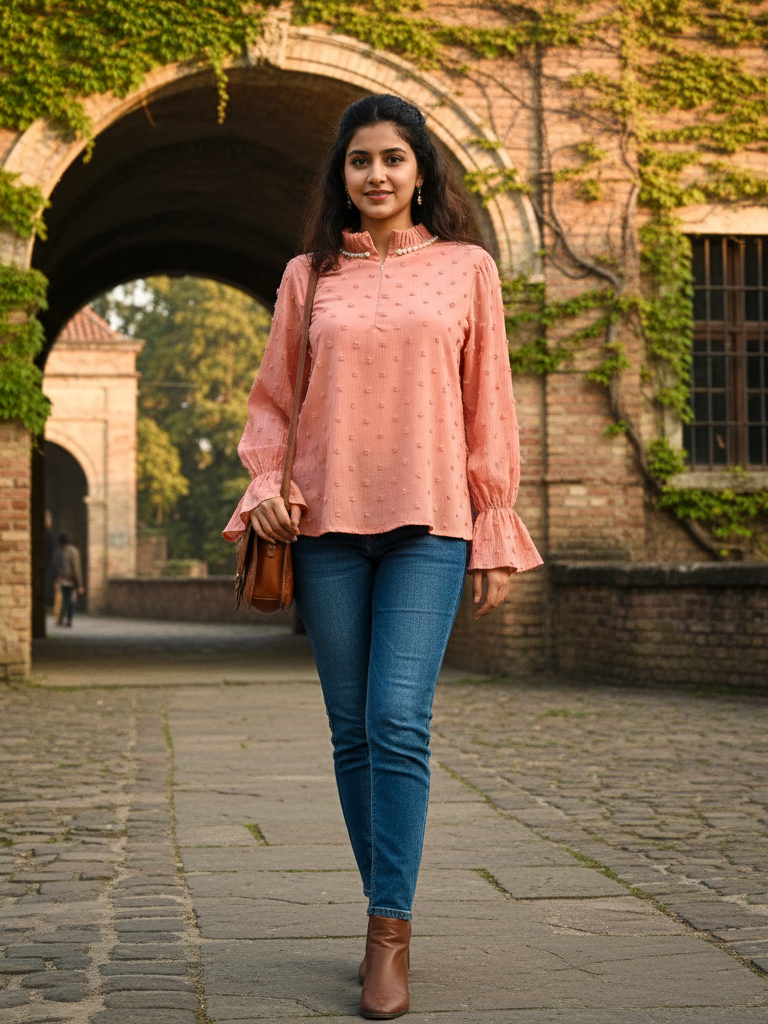 Peach Swiss Dot Chiffon Blouse with Pearl Collar Top