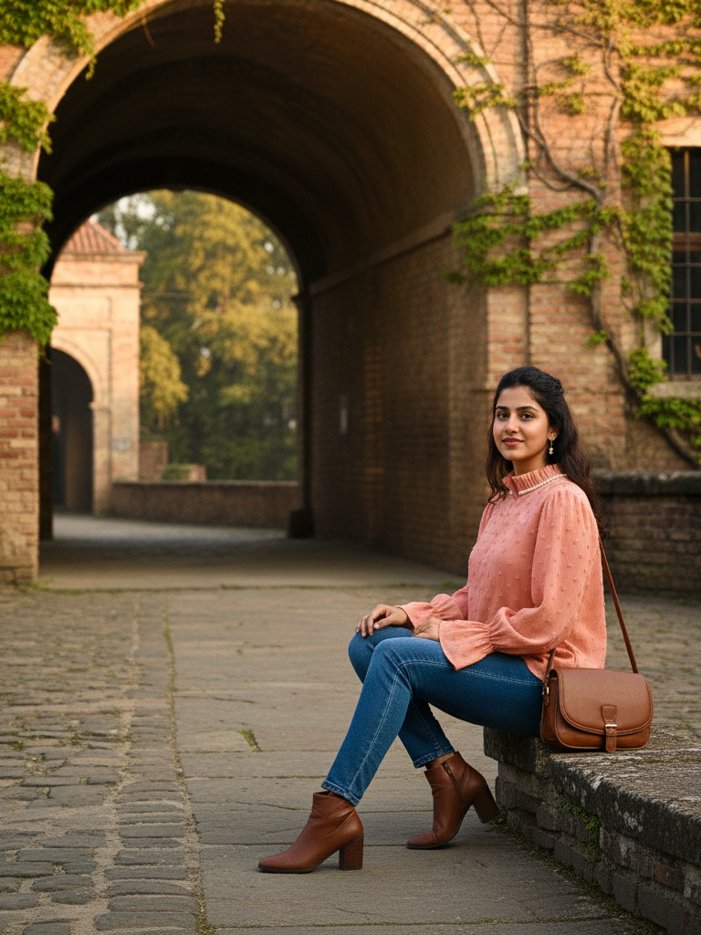 Peach Swiss Dot Chiffon Blouse with Pearl Collar Top