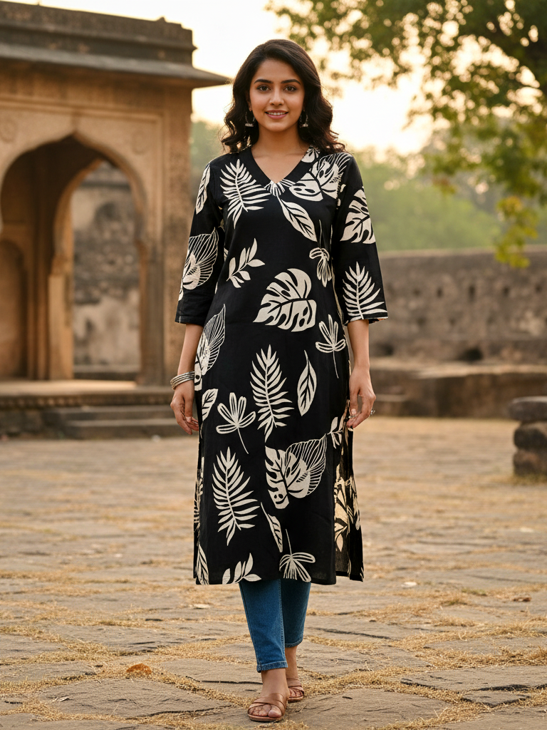 Black Contemporary Printed Cotton Straight Kurta