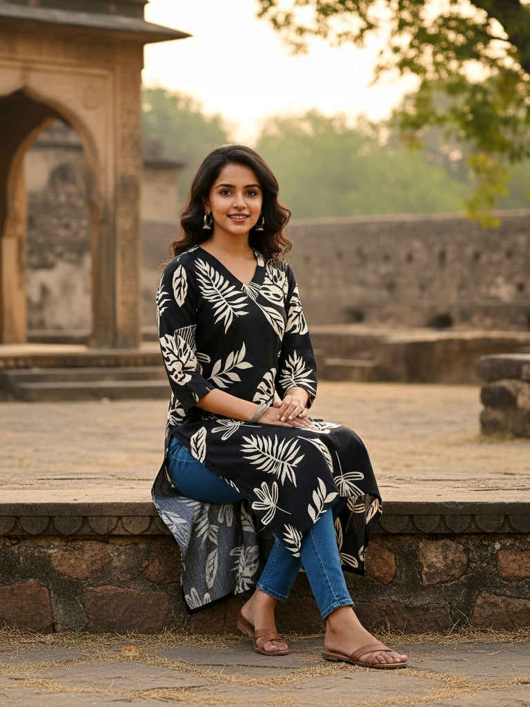 Black Contemporary Printed Cotton Straight Kurta