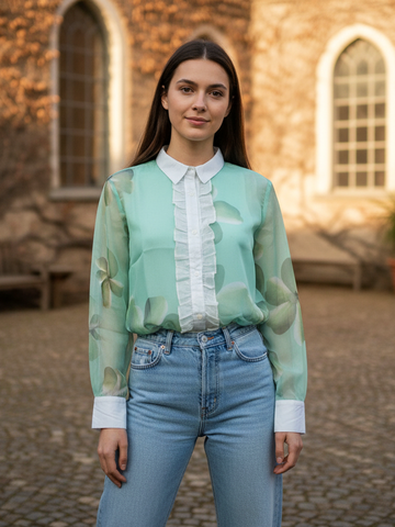 Sheer Floral Print Ruffle Blouse Shirt