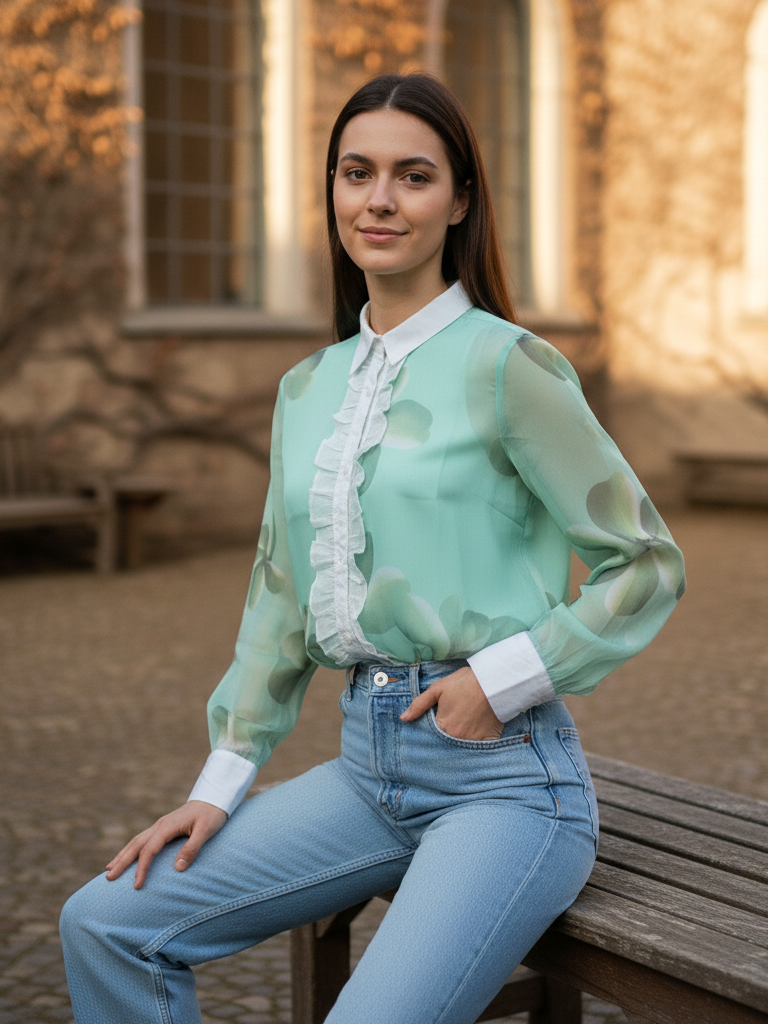 Sheer Floral Print Ruffle Blouse Shirt