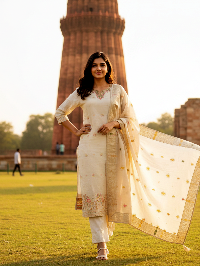 Designer Dupatta Suit with Intricate Thread and Moti Work