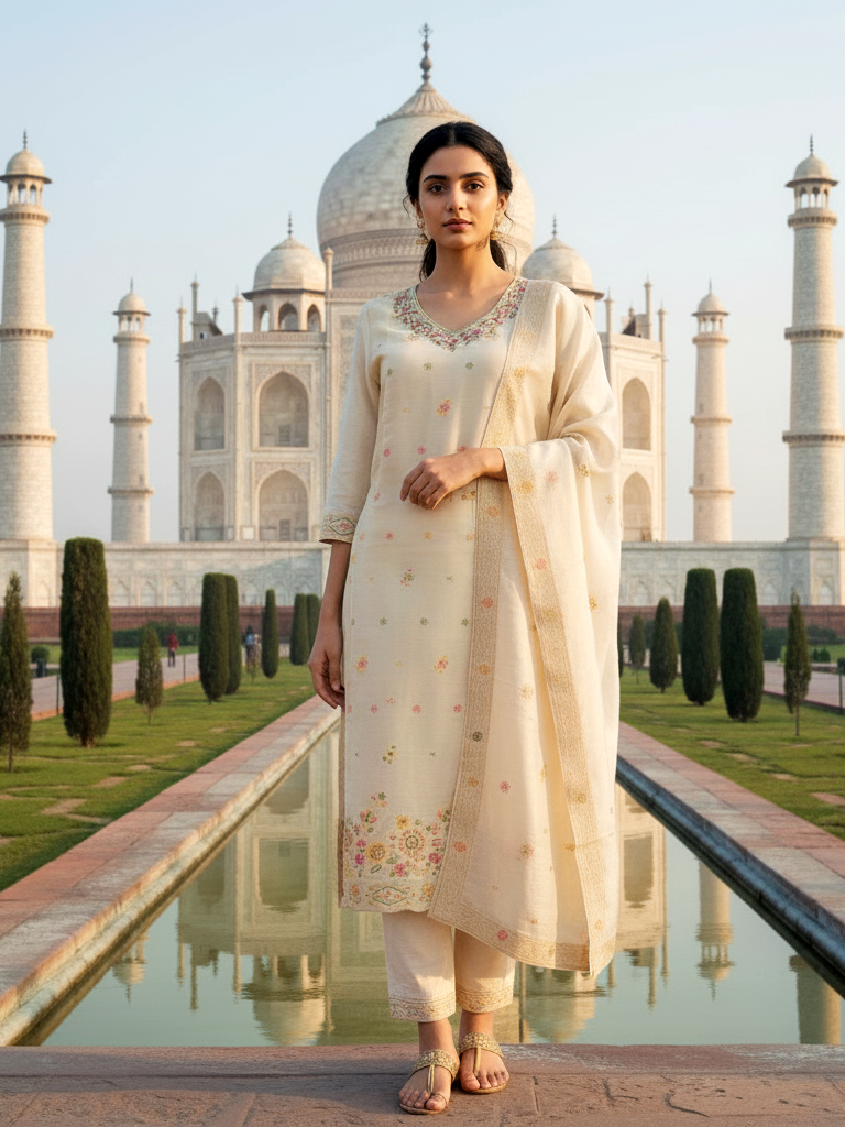 Festive Wear Cream Dupatta Set with All-Over Floral Work