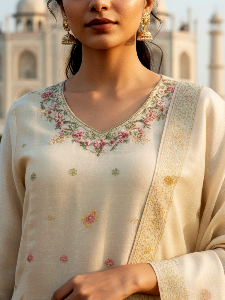 Festive Wear Cream Dupatta Set with All-Over Floral Work