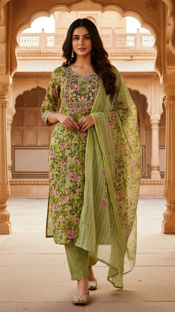 Lime Green Floral Printed Cotton Suit Set with Heavy Embroidered Yoke and Shimmer Dupatta