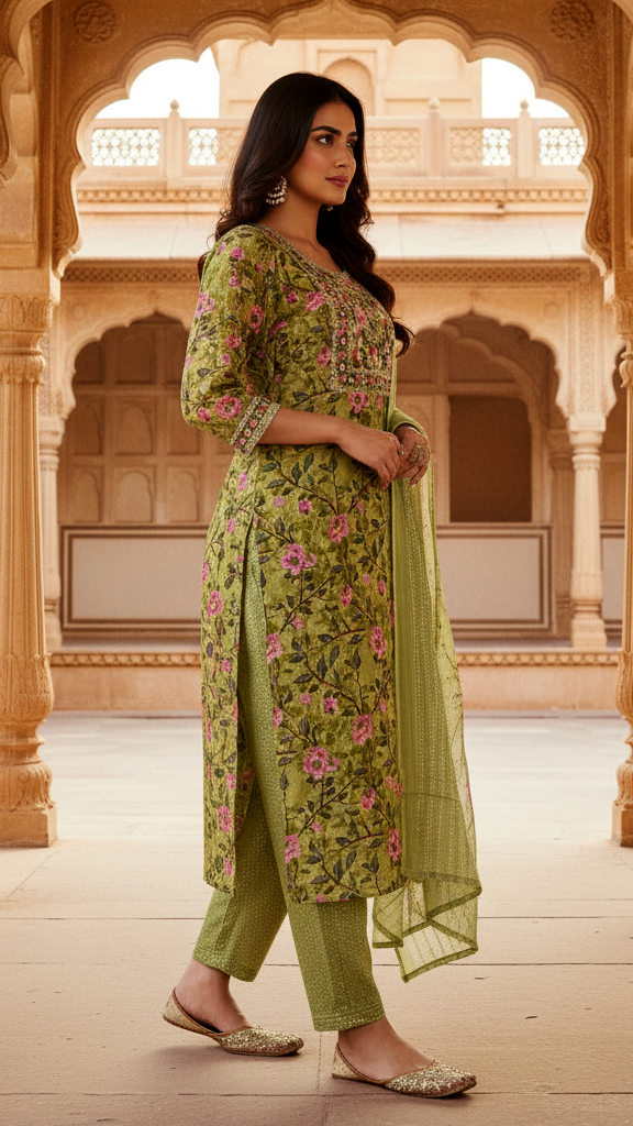 Lime Green Floral Printed Cotton Suit Set with Heavy Embroidered Yoke and Shimmer Dupatta