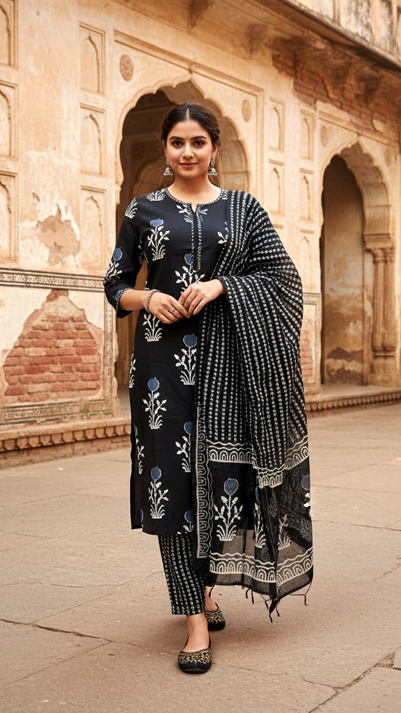 Striking Black & White Floral Block Print Kurta Set with Bold Striped Dupatta and Trousers