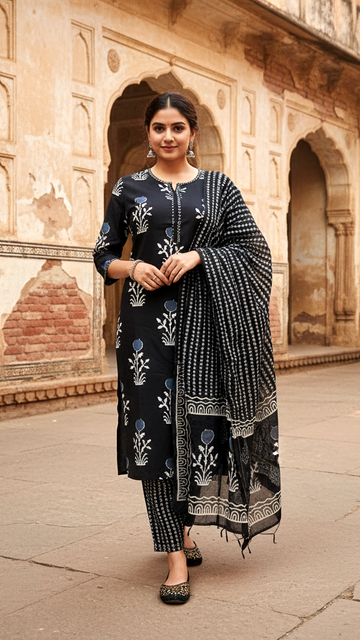 Striking Black & White Floral Block Print Kurta Set with Bold Striped Dupatta and Trousers