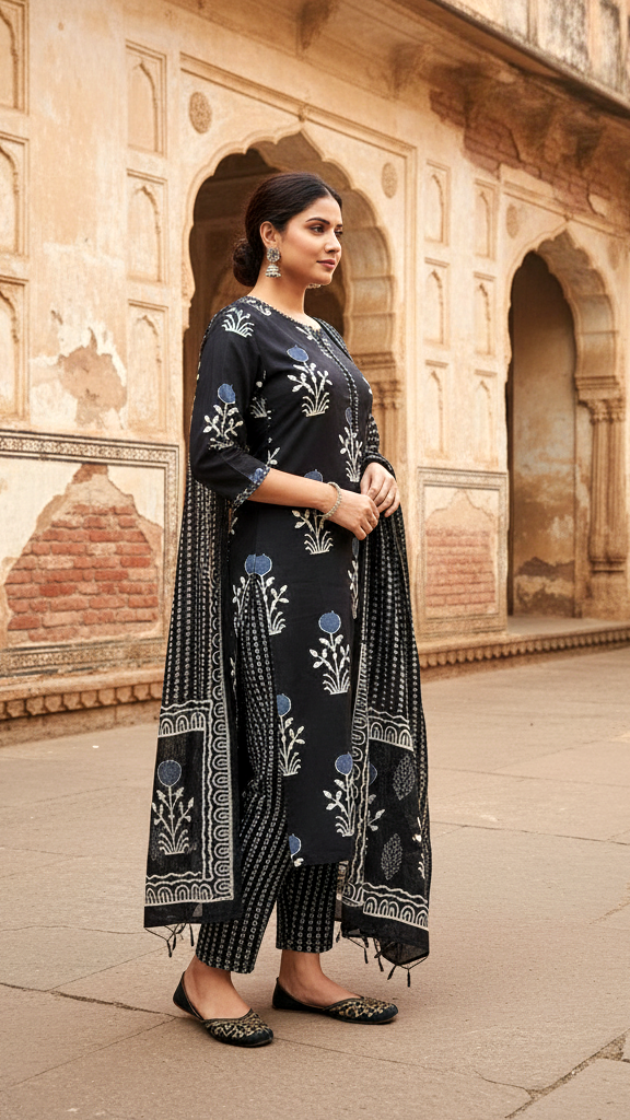 Striking Black & White Floral Block Print Kurta Set with Bold Striped Dupatta and Trousers