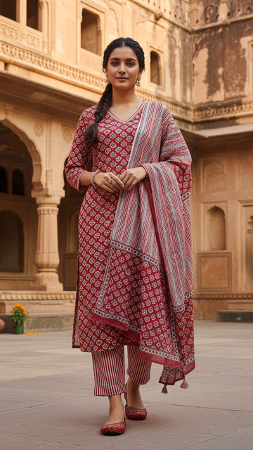 Rustic Maroon Printed V-Neck Kurta with Striped Trousers and Matching Block Print Dupatta