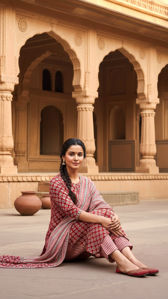 Rustic Maroon Printed V-Neck Kurta with Striped Trousers and Matching Block Print Dupatta