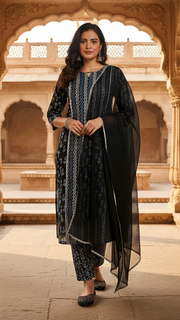 Elegant Black & Blue Printed Straight-Cut Kurta Set with Silver Trims and Chiffon Dupatta