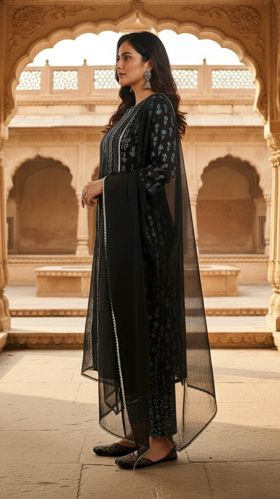 Elegant Black & Blue Printed Straight-Cut Kurta Set with Silver Trims and Chiffon Dupatta