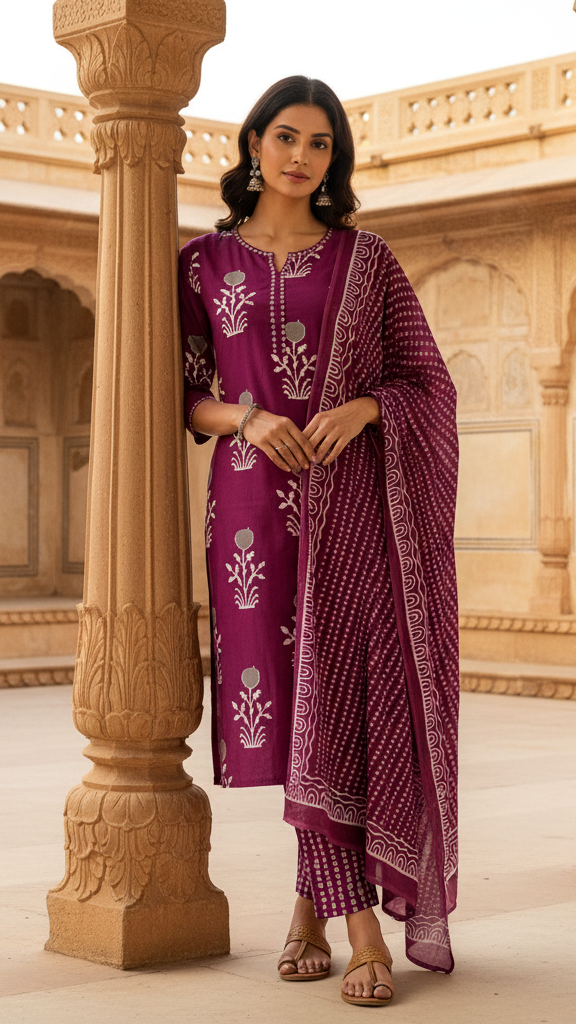 Majestic Wine Purple Silver Foil Print Kurta Set with Intricate Geometric Print Dupatta