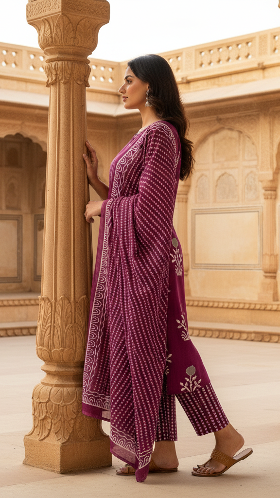 Majestic Wine Purple Silver Foil Print Kurta Set with Intricate Geometric Print Dupatta