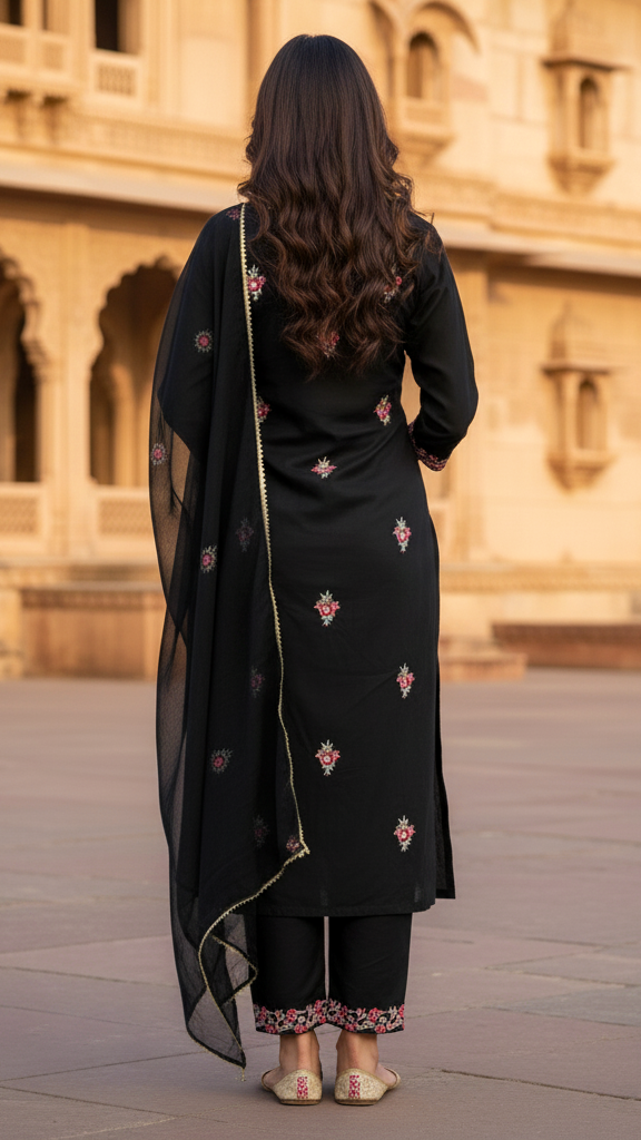 Sophisticated Black Embroidered Kurta Set with Multi-Color Thread Work and Sheer Dupatta