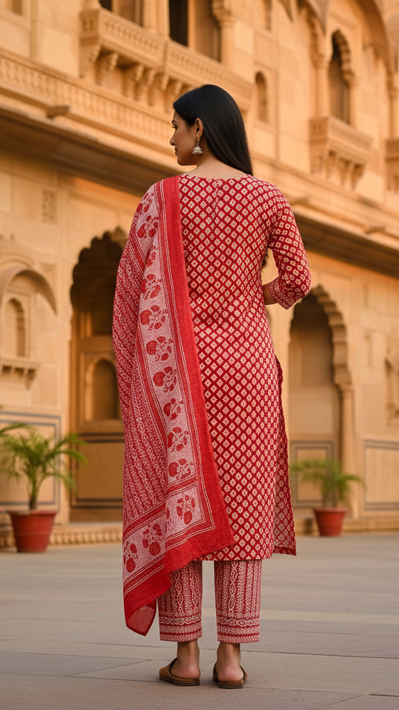 Vibrant Red & White All-Over Block Print Cotton Kurta Set with Border Detail Dupatta