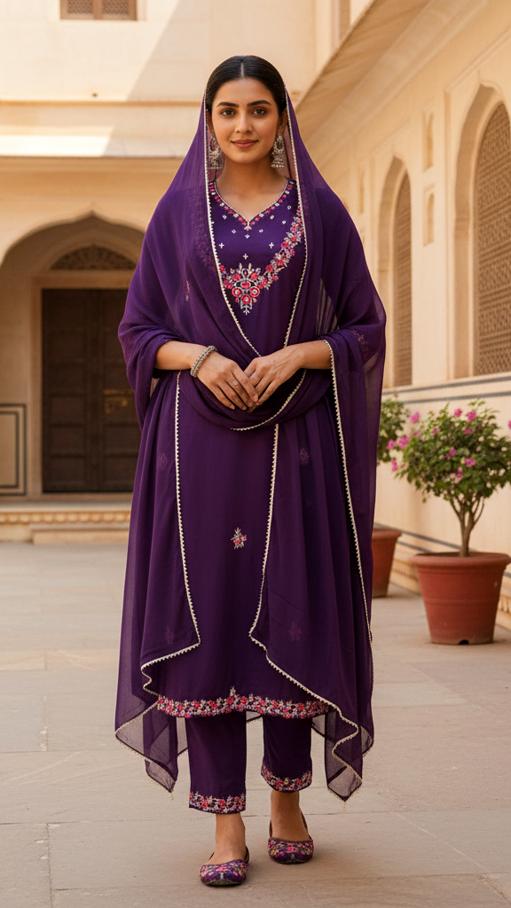Regal Deep Purple Georgette Anarkali-Style Kurta Set with Heavy Multi-Color Thread Embroidery