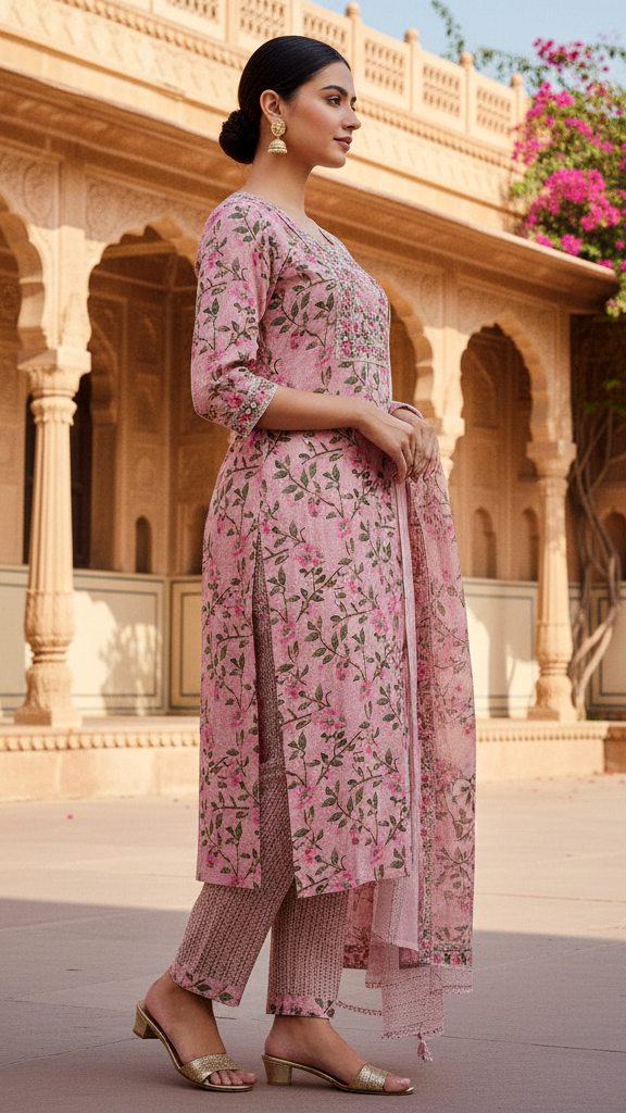 Dusty Pink Floral Printed Kurta Set with Mirror Work Embroidered Yoke and Dupatta
