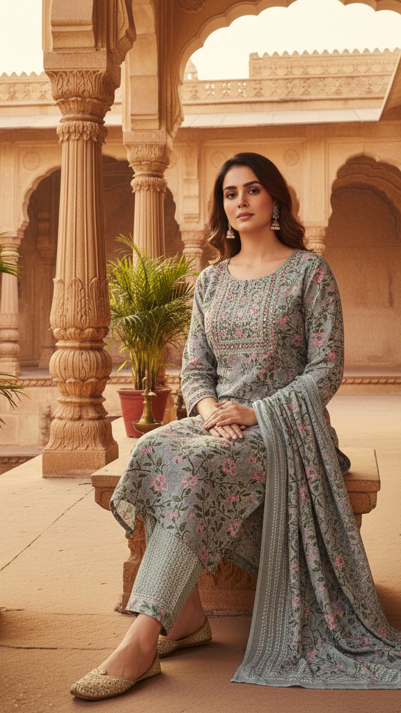 Sage Grey Floral Printed Cotton Suit Set with Thread Work and Embellished Border Dupatta