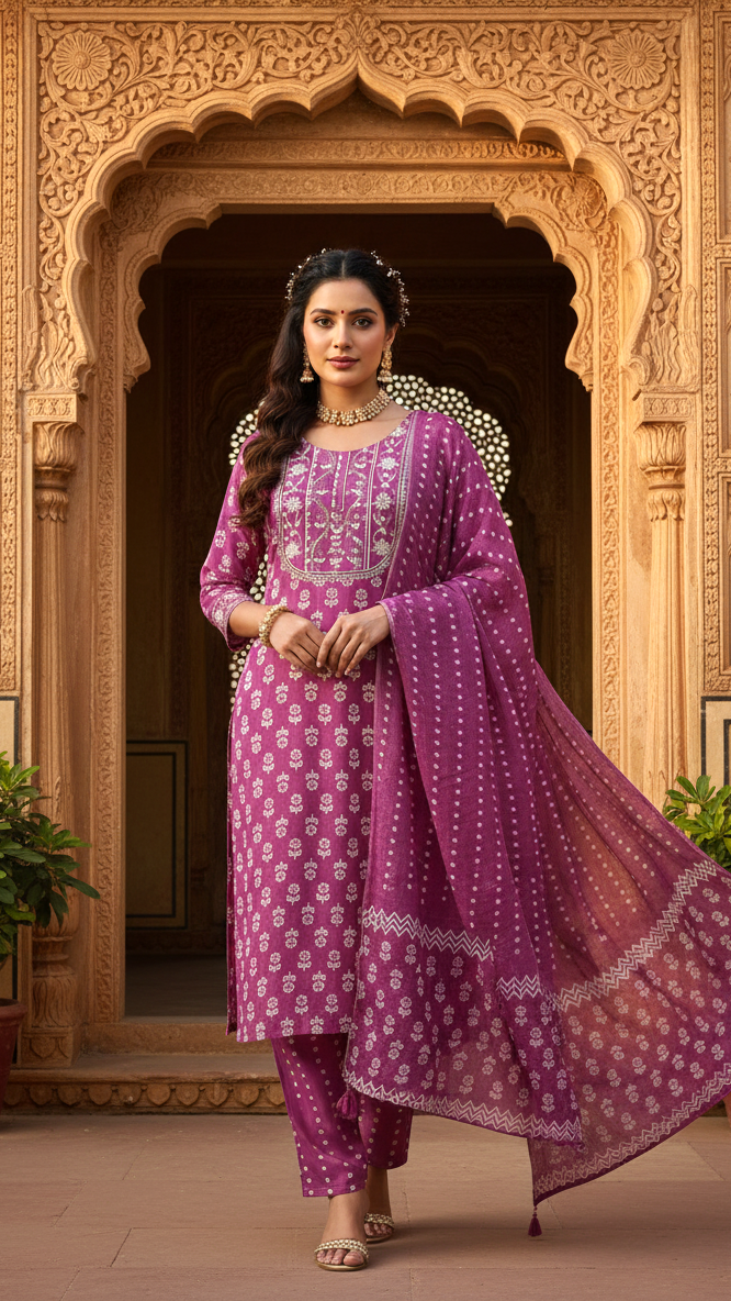 Floral Cotton Kurta Set with Matching Dupatta
