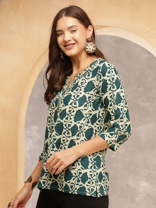 Earth Essence Cotton Tunic Top – Forest Green & Beige Ikat Print